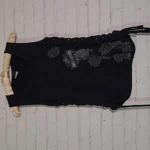 Y2K Harley-Davidson Rhinestone Bling Tie Side Tank Top Black Logo Womens Size M